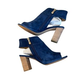 Vaneli‎ Sandals Size 8.5 Women Blue Suede Peep Toe Slingback Chunky Wooden Heels